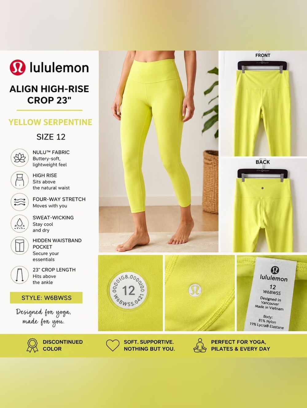 Lululemon Align High-Rise Crop 23" Yellow Serpentine Size 12  Discontinued Color